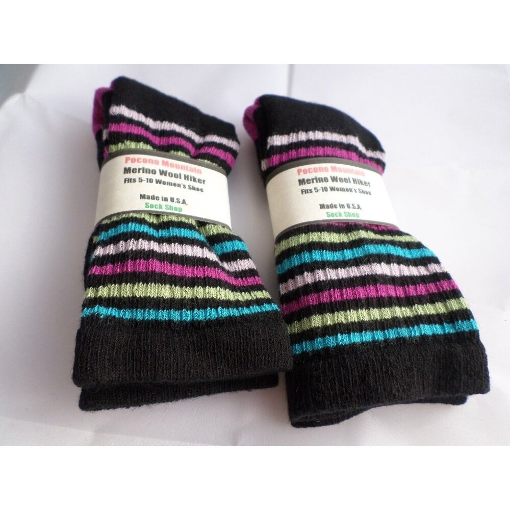 2 Pair Pocono 82%  Merino Wool Hiker Women Socks USA Shoe 5-10 Pink toe